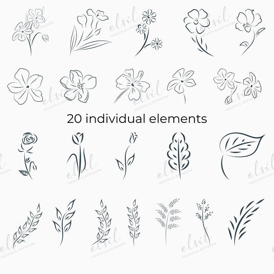 Digital Download - Sketchy Botanicals - Clip Art, Wreaths, Logo Design Elements